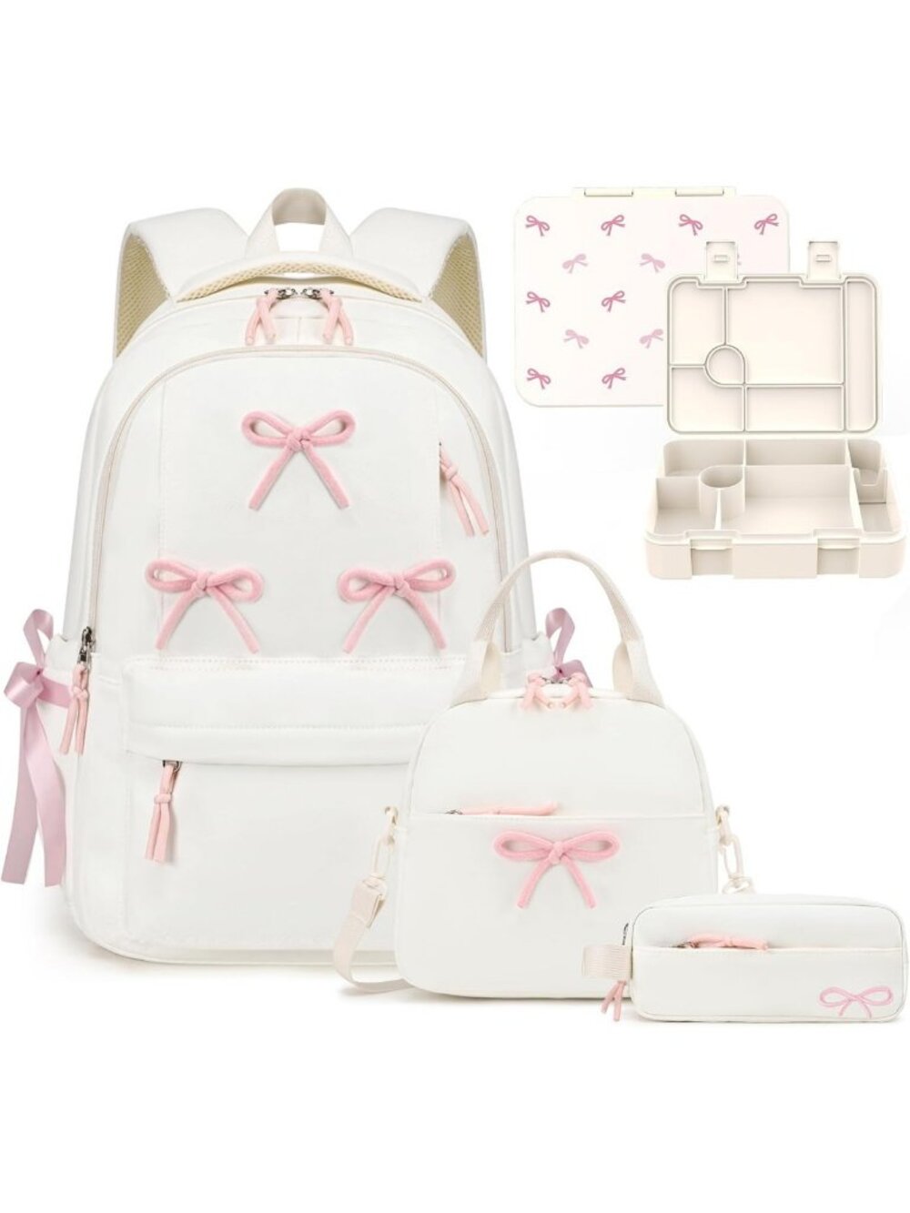 Stylish Girls Backpack Set with Lunch Box, Pencil Case & Bento Box - 4PCS, Beige